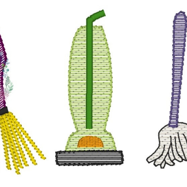 Halloween broom, vacuum cleaner, mop trio  sketch fill, light fill quick stitch machine embroidery design