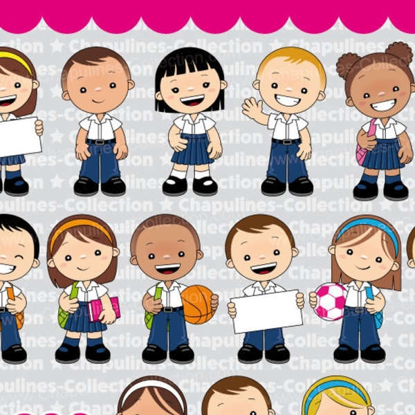 School kids clipart with white and blue uniform, Set 193
