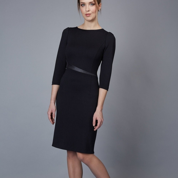 Black Pencil Dress – Elegant Office Dress for Women – Stretch Work Dress with Faux Leather – Elegant Business Look for Office, D-LIRA