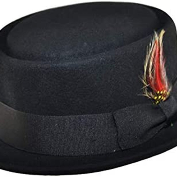 Mens Unisex Handmade 100% Wool Crushable Pork Pie Hat with Removable Feather and Side pin