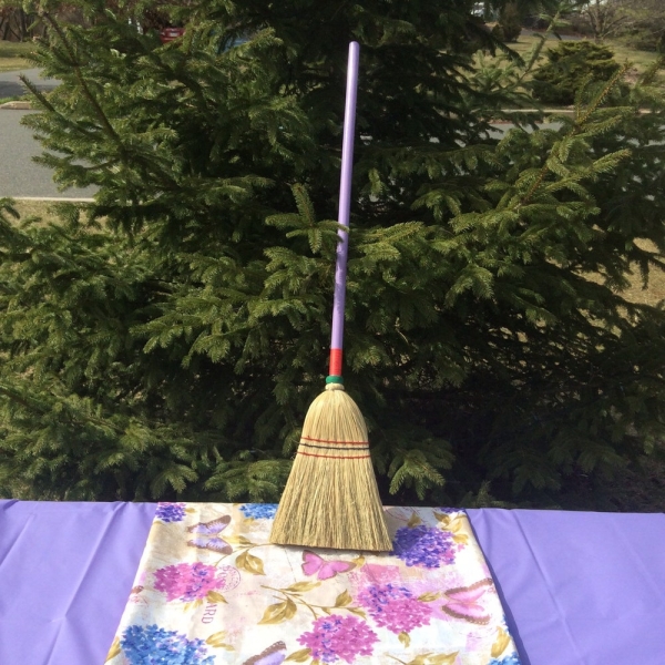 Camper size corn broom with light purple painted wooden handle, midsize broom great for sweeping smaller areas formally a lobby,parlor broom