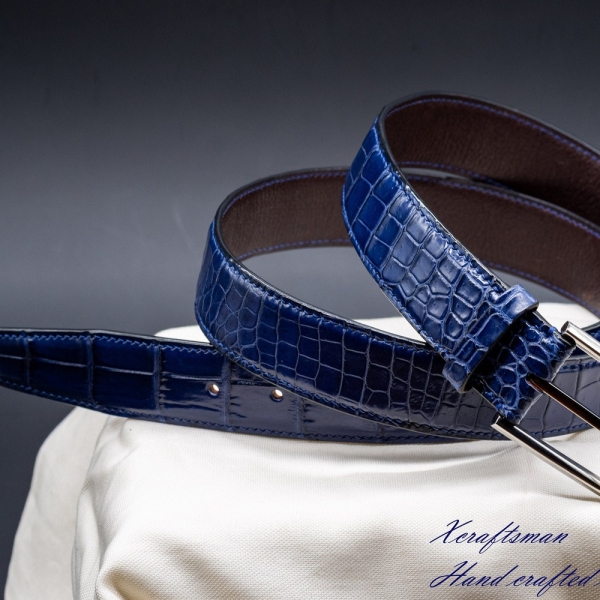 Men's blue alligator belt, Handmade leather belt, Classic belt for men, personalized belt for men.