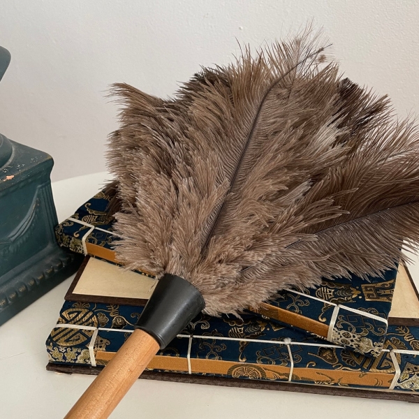 Antique handmade ostrich feather duster-handheld dusting broom-1930's 1940s ostrich feather broom