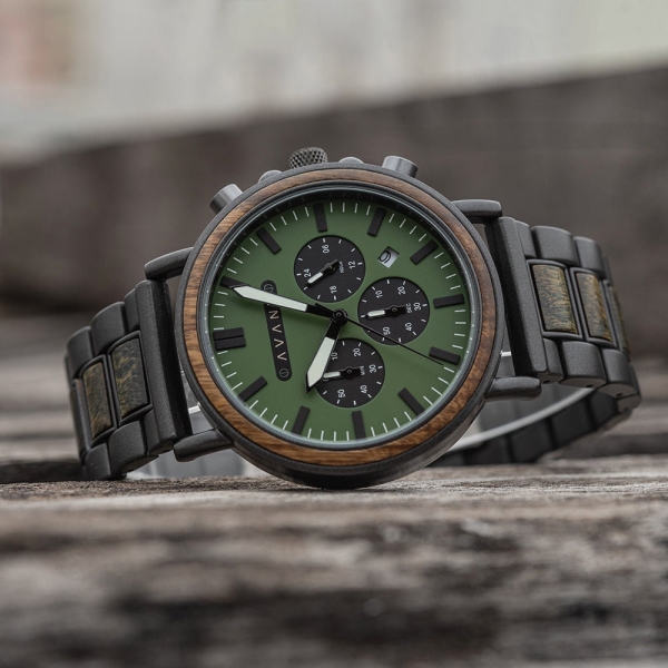 Engraved Wood Watch; Explorer S - 44mm (Green Sandalwood & Black Steel), Mens, Personalized Gift, Groomsmen Gift Set, Handcrafted by Avant