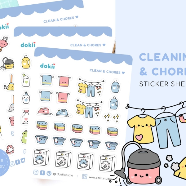 Kawaii Cleaning Planner Sticker Sheet | Cute Household Chores Sticker Icon - Laundry, Vacuum, Recycling Bin, Broom, Mop | Matte/Glossy UK