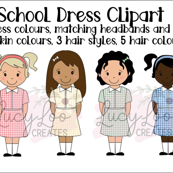 School Dress Clipart, Summer Uniform, Gingham Dresses, Girls Clipart, Back to school, Instant Download