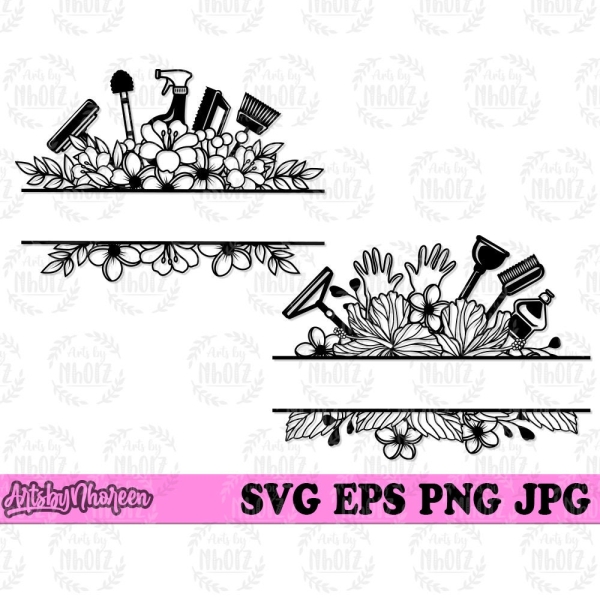 Floral Cleaning Tools svg, Cleaning Service Monogram, House Maid Stencil, Flower Broom Mop Sprayer dxf, Gloves Clipart, Essentials Cut File