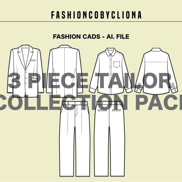 Tailor Blazer Shirt Pants Pack Bundle Fashion Design Template - Flat Sketch Technical Drawing - Illustrator Ai. PDF Vector Download File