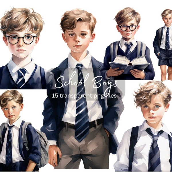 Uniform School Boys Watercolor Clipart Bundle, transparent PNG, Cute Boys Clipart, Student Sublimation,Paper craft,Junk Journal Scrapbooking