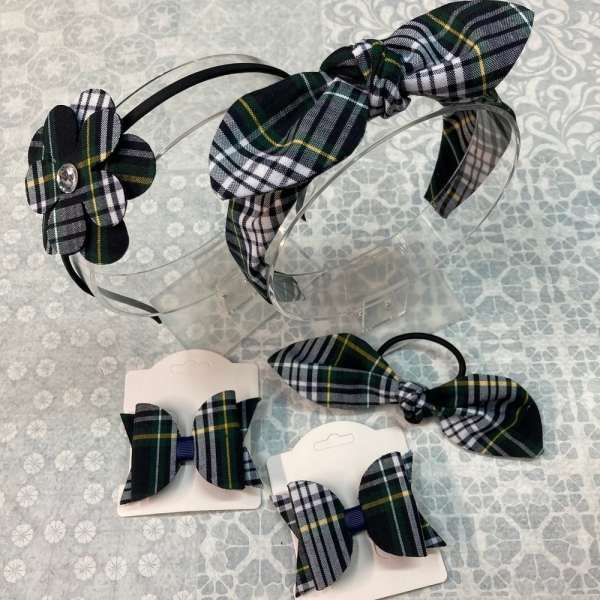 School uniform in Plaid 61 Back to school Uniform Navy White Forest Green Girl school bows