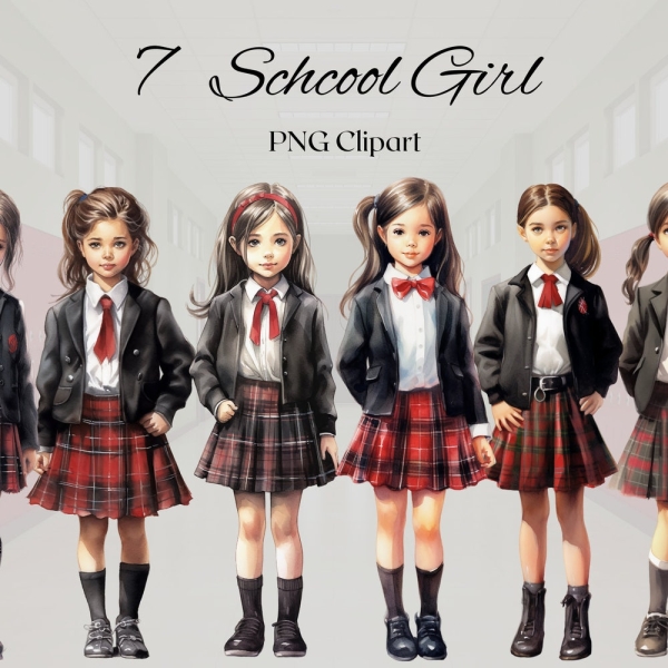 School Girl Watercolor Clipart 7 PNG Files Cute Black Red School Uniform Girl Fashion Illustration Clipart Bundle - DIGITAL DOWNLOAD