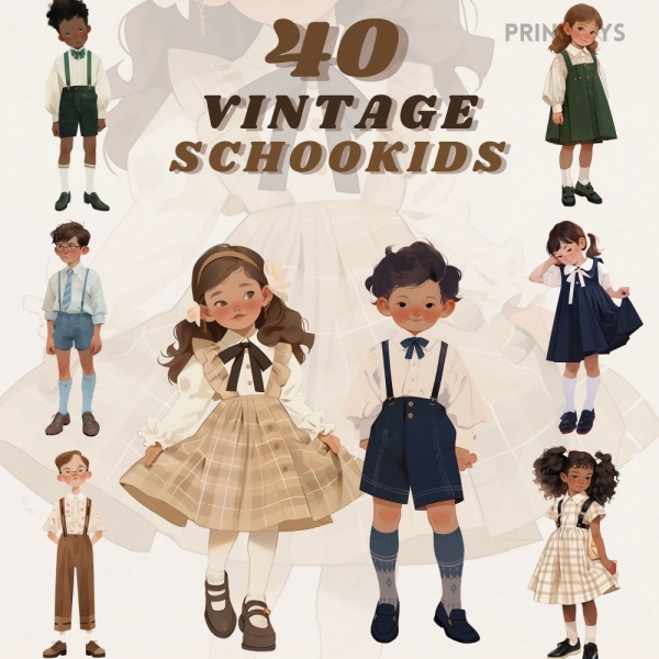 Cottagecore vintage school student clipart bundle, school uniform png, vintage students, vintage fashion, pupils, scrapbooking, transparent