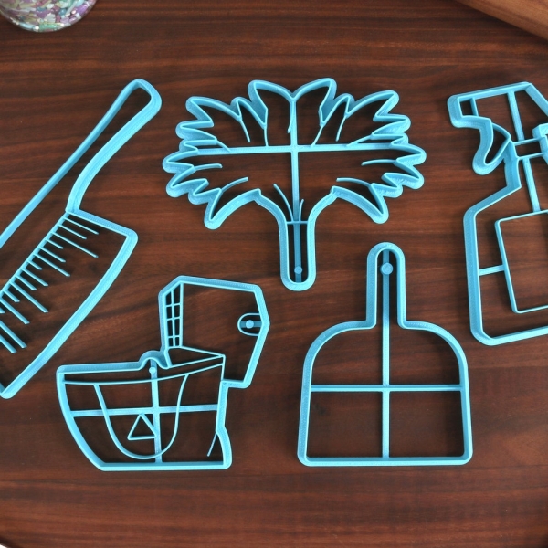 Cleaning Supplies Cookie Cutters - Dust Pan, Feather Duster, Hand Broom, Mop Bucket, Spray Bottle - Housekeeping Cookies - Clean Essentials