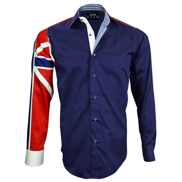 Men's Union Jack Formal Shirt Men Italian Shirt Designer Great Quality Slim Fit Navy 10148