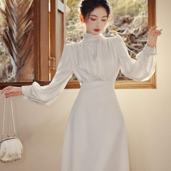 Empire Waist Midi Dress - Crew Neck Midi Dress - High Waist Formal Women's Dress - Office Dress for Women - Wedding Guest Dress in White