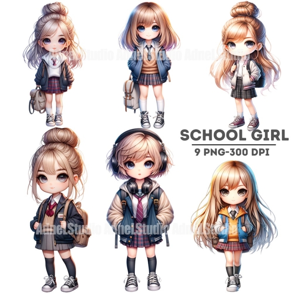 Watercolor School Girl Clipart, Watercolor School Uniform Girl Clipart, Back to school Clipart, Student Sublimation, Anime Girl Clipart