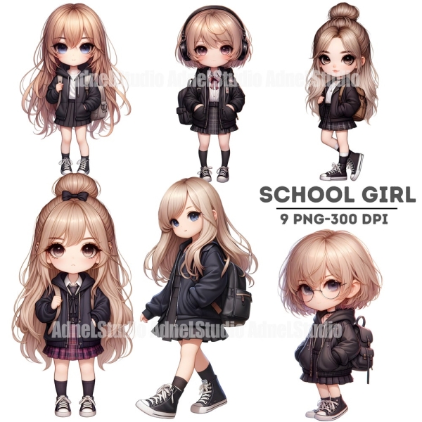 Watercolor School Girl Clipart, Watercolor School Uniform Girl Clipart, Back to school Clipart, Student Sublimation, Black Anime Girl PNG