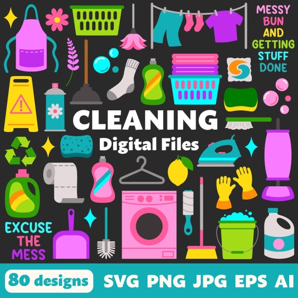 Cleaning Digital Files, SVG PNG JPG, Clipart, Cut Files, Cricut, Mop, Broom, Laundry, Maid, Chores, Vacuum, Recycling, Detergent, Soap