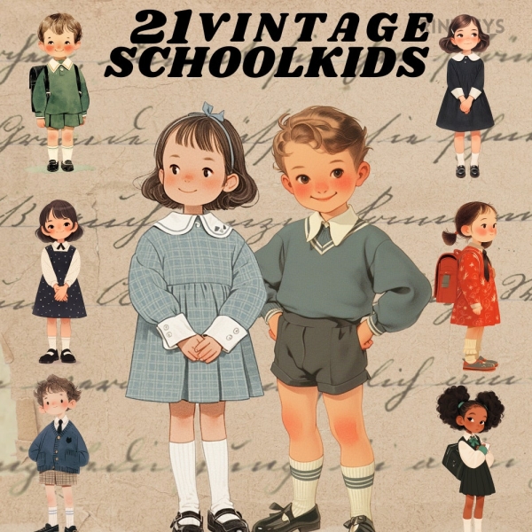 Vintage Schoolkids digital stickers, student clipart bundle, aesthetic study png, academic scrapbooking, transparent, school uniform png