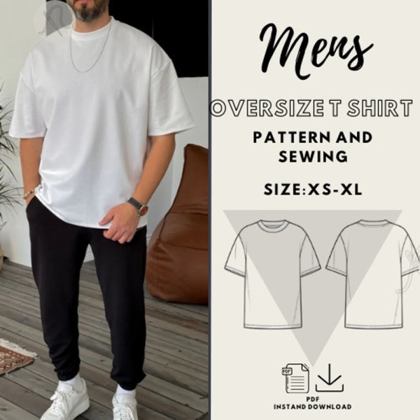 Mens T-Shirt Sewing Pattern/ Basic Tee Shirt/ Step by step /Oversized pattern /Easy Sewing Pattern/ PDF Pattern Instant Download/ Size XS-XL