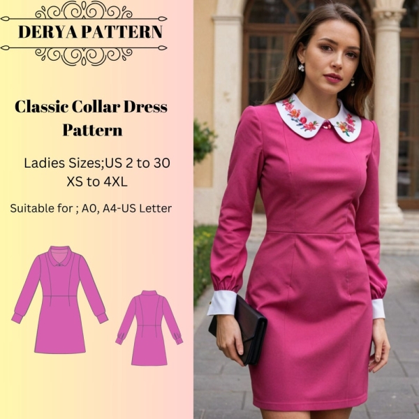 Classic Collar Dress Pattern,Classic Slim fit Office Dress Sewing Pattern, Sizes;US 2 to 30 and XS to 4XL,Suitable A0- A4-US Letter