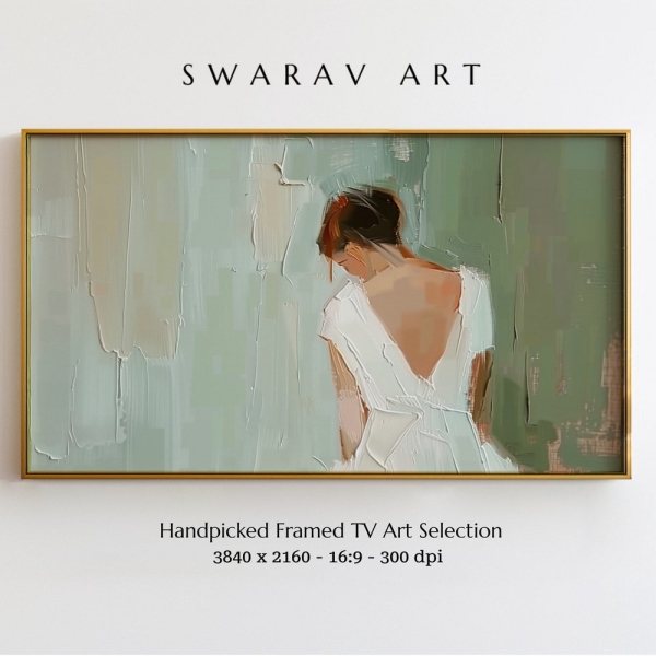 Frame TV Art, Minimalist Elegance: Woman in White Dress, Minimalist Oil Painting Digital Print, Abstract Woman in White Dress Digital Print