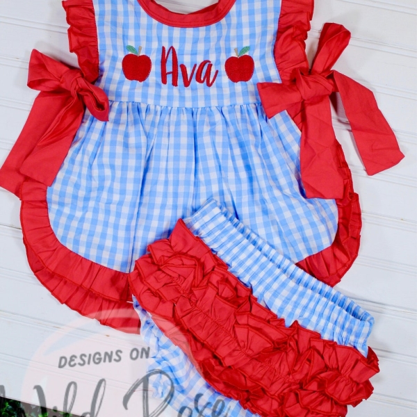 Back to School Outfit, First Day of School, Daycare, Preschool, Pre-K | Apron style set,Personalized, Monogram | Blue Gingham Red Apples