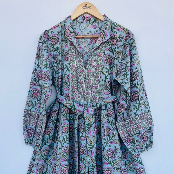 Bohemian flower hand block printed maxi bohemian dress - cotton print tunica - beach fashion - resort wear - Ibiza fashion