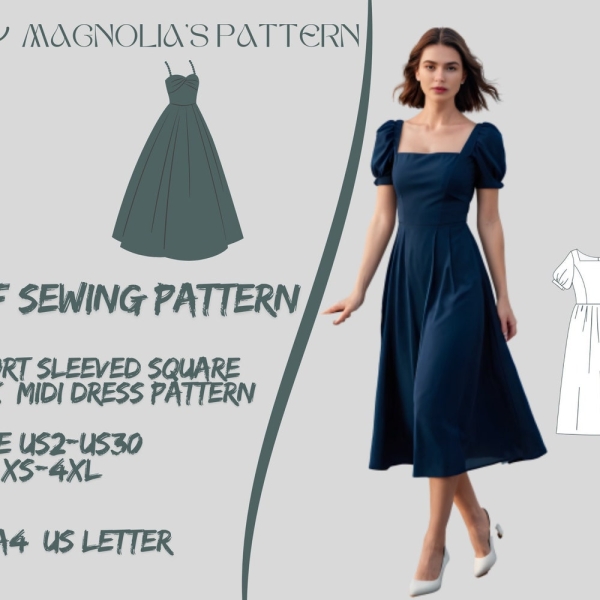 Square Neck Midi Dress Pattern , Prom Dress Pattern, Office Dress, Vintage Dress, Woman Dress Sewing Pattern A0 A4 US Letter-US 2 to 30