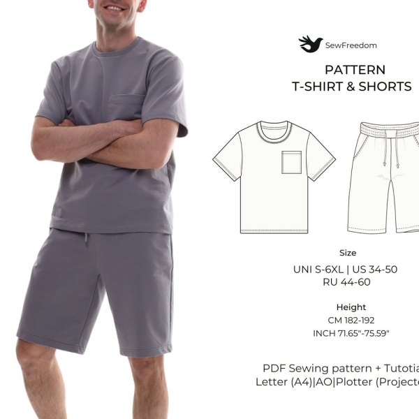 Men's T-Shirt and Shorts Pattern | Sizes S-6XL | Classic Round Neck T-Shirt and Shorts with Pockets | Easy Digital PDF Sewing Pattern