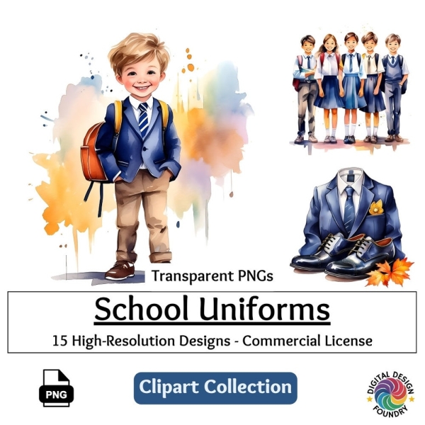 Charming School Uniform Clipart | 15 Watercolor PNGs | Student Illustrations | Diverse Students PNGs | Back to School