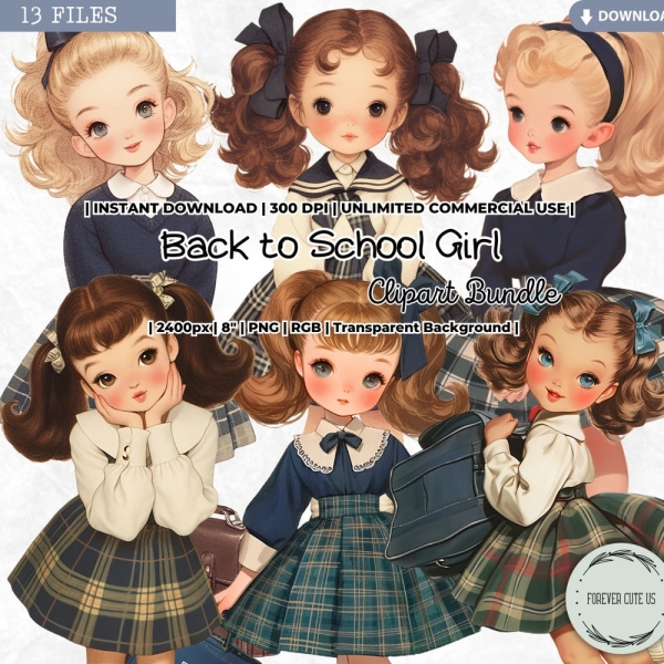 Back to School Girl Clipart Bundle, Student, Uniform, Preppy, Ponytail Girl, Fashion, Planner, Vintage, Retro, PNG, Scrapbook, Sublimation