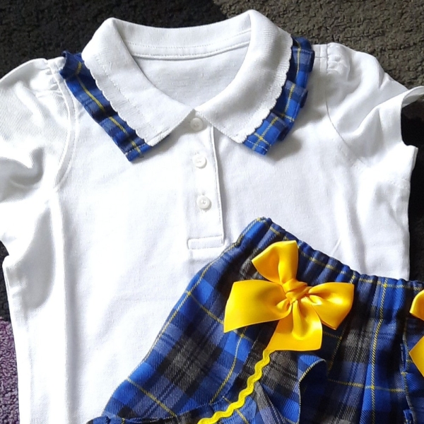 school polo top with plaid tartan pleated collar - school uniform
