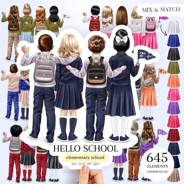 Elementary School Kids Clipart Set, 645 Elements, 5 Skin Colors, Custom Clipart, Doll Creator, Back View, Personalized Gift