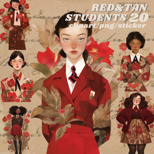 red and tan school uniform digital stickers, academia journaling, back to school png, whimsical fall sticker, transparent, scrapbooking