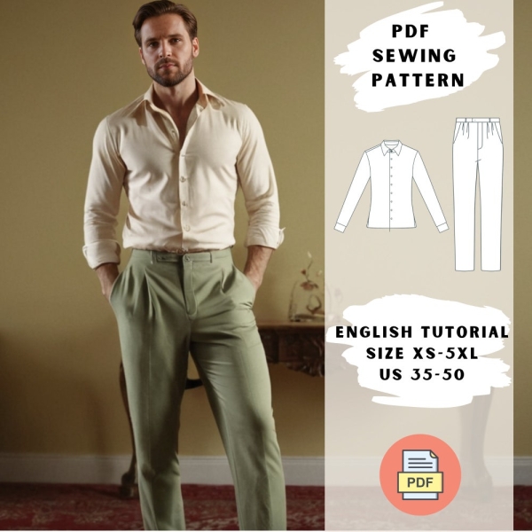 Classic Men's Shirt and Pants Set PDF Sewing Pattern- Elegant Formal Wear for Men - Cotton Shirt & Tailored Pants - Business Casual Outfit