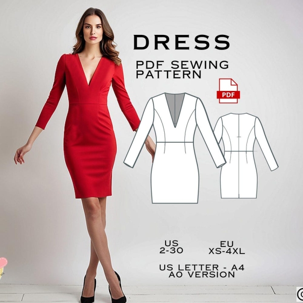 Pencil Dress Sewing Pattern, PDF Sewing Pattern Instant Download, Easy Digital Pdf, US Sizes 2-30, Plus Size Pattern, Shift Dresses