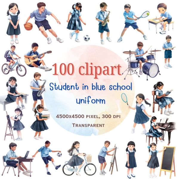100 Unique Student Activities Clipart in Blue School Uniform | Educational Illustrations | Classroom Activities | School-Themed Graphics