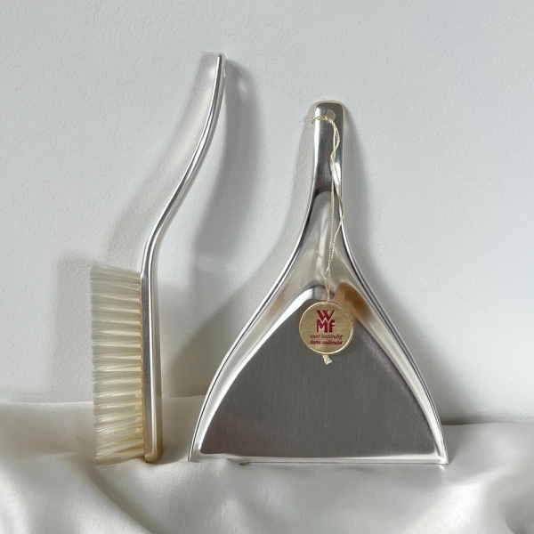 Vintage WMF Brass Table Broom and Scoop Set | 2 Piece Silver Plated Table Cleaning Set | Hand Brush & Scoop | Germany, 1970s