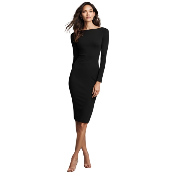 Women Boat Neck Knee Length Dress Pencil Dress Body-con Dress Office Dress Phoebe Dress Cotton Fitted Long Sleeves Dress & Custom Length