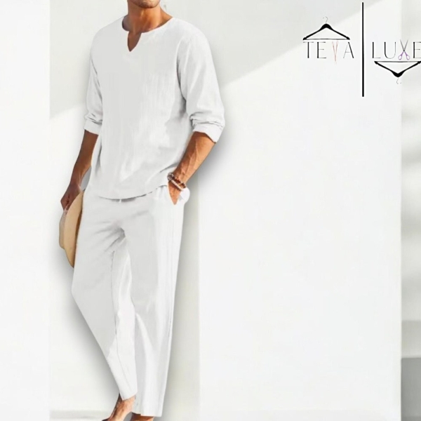 Men's Tracksuit Set – Stylish V-Neck Home Shirt and Trousers with Long Sleeves