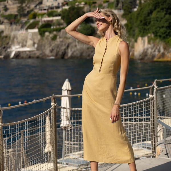 Linen dress MARY in maxi length, Straight-cut fitted dress, Elegant sleeveless dress with adjustable tie back, Tailored dress for woman
