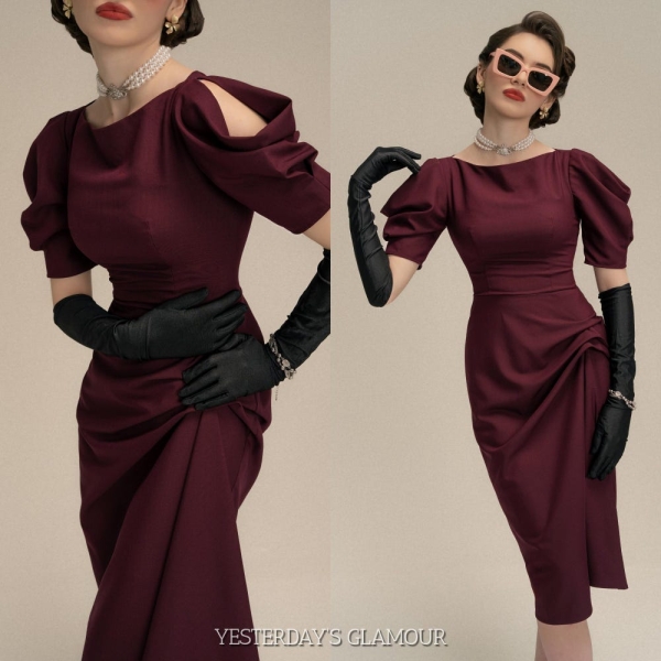 Rosa Puff Sleeve Cocktail Draped Dress - Elegant Draped Detail and Midi Length