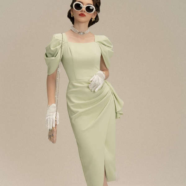 Vintage-Inspired Courtney Puff Sleeves Dress - Elegant 1950s Style Midi Dress with Draped for Classic Glamour