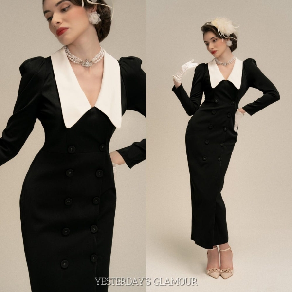 Vintage Charm: Gwen Long Black Dress with Sharp White Collar and Tailored Fit