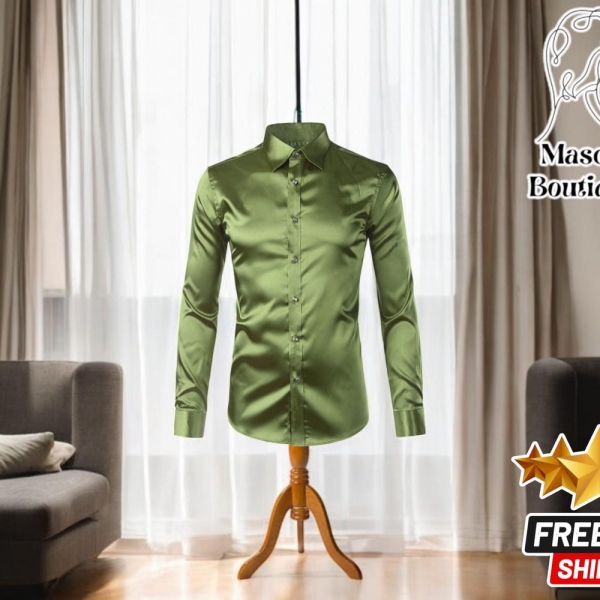 Men's Slim-Fit Satin Polo | Long-Sleeve Tuxedo Dress Shirt | Premium Design Button-Down Top | Stylish Fashion  for Special Occasions