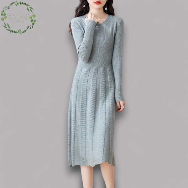 100% Merino Wool Women's Pleated Dress | Multi-Colour Long Sweater Dress | Round Neck Fashion | Elegant Office Outfit | Warm Knitwear