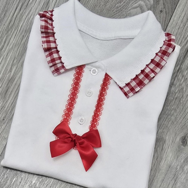school polo top with gingham pleated collar - school uniform - school t-shirt