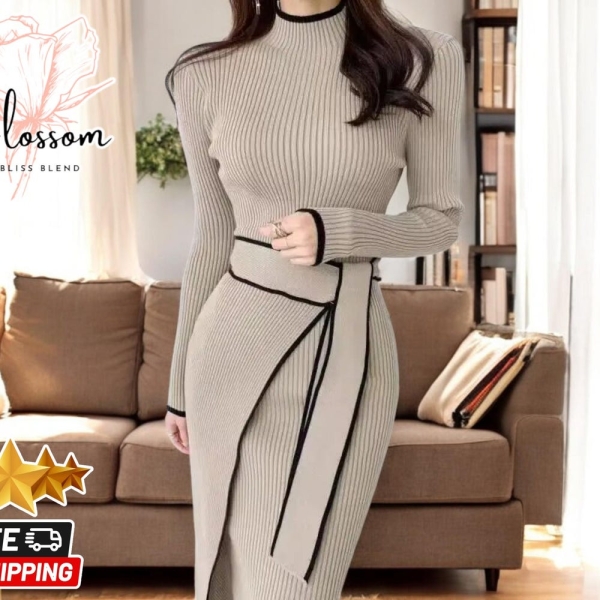 Retro Knitted Bodycon Dress | Women's Elegant Sweater | Half High Collar | Autumn Winter Lace-Up Stylish | Office Vestidos Long Sleeve