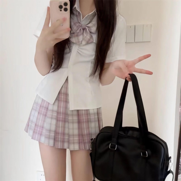 Japanese School Suit, Japanese School Uniform Cosplay top, Pleated Plaid Skirt, Plaid Pattern Preppy Skirt Set, Short Sleeve Shirt